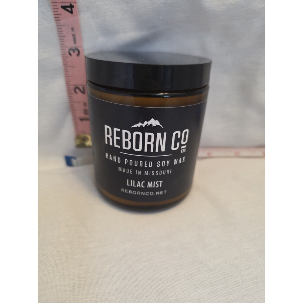 Reborn Co Lilac Mist Hand Poured Soy Wax Candle 8oz Amber Jar NEW UNBURNED